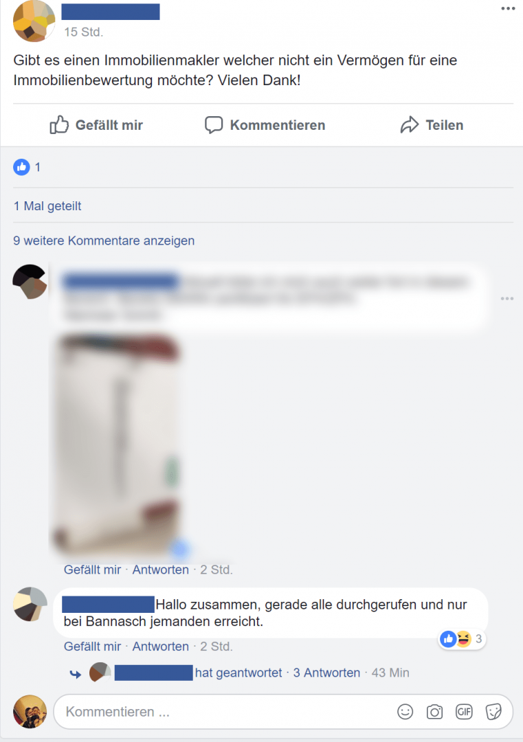 Diskussion zur Erreichbarkeit von Immobilienmakler bei Facebook